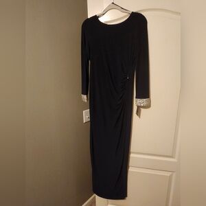 MARINA Navy Blue Long Sleeve Dress with Silver Cuffs